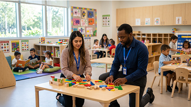 A teacher working with young children at a classroom table