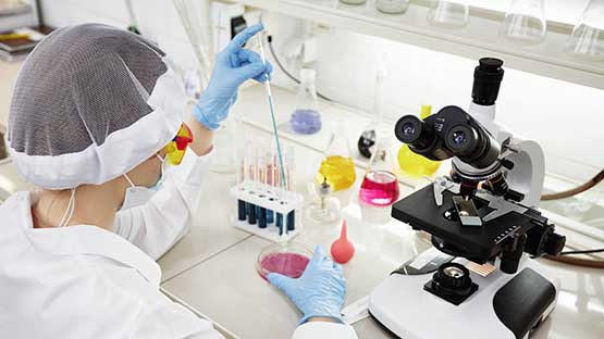 Student working with Petri dish inside a biopharmaceutical lab