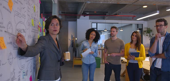 People collaborating with a white board